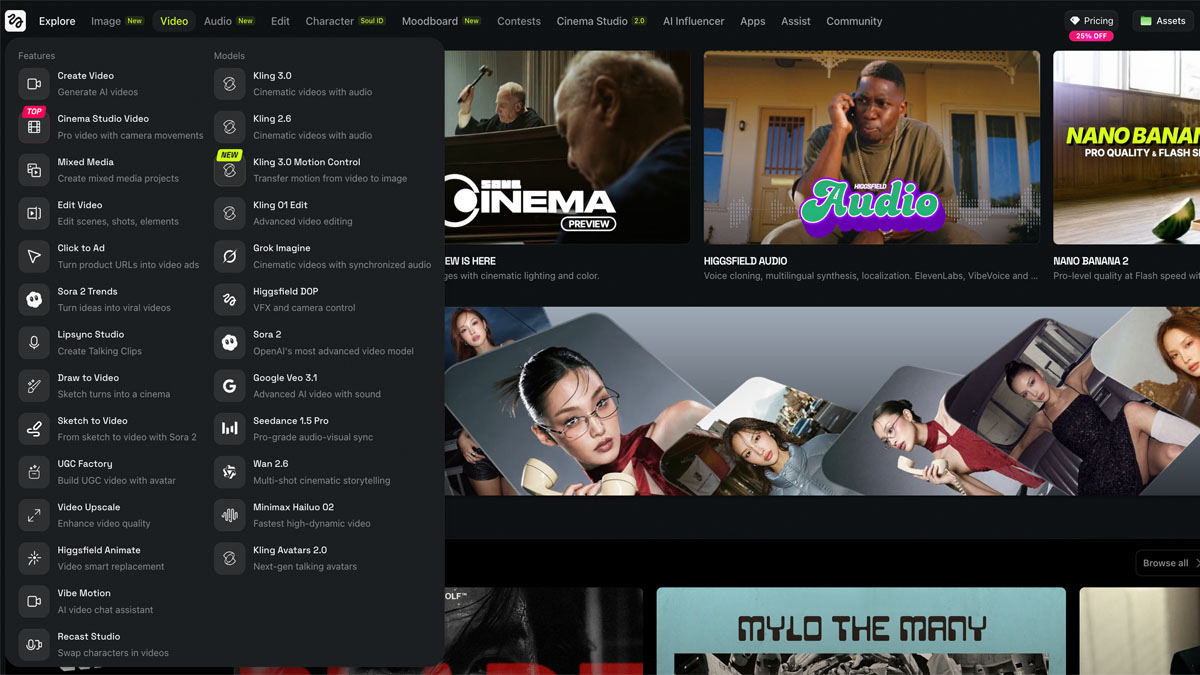 Higgsfield model selection dropdown showing available AI video models including Sora 2, Kling 3.0, Veo 3.1, and more